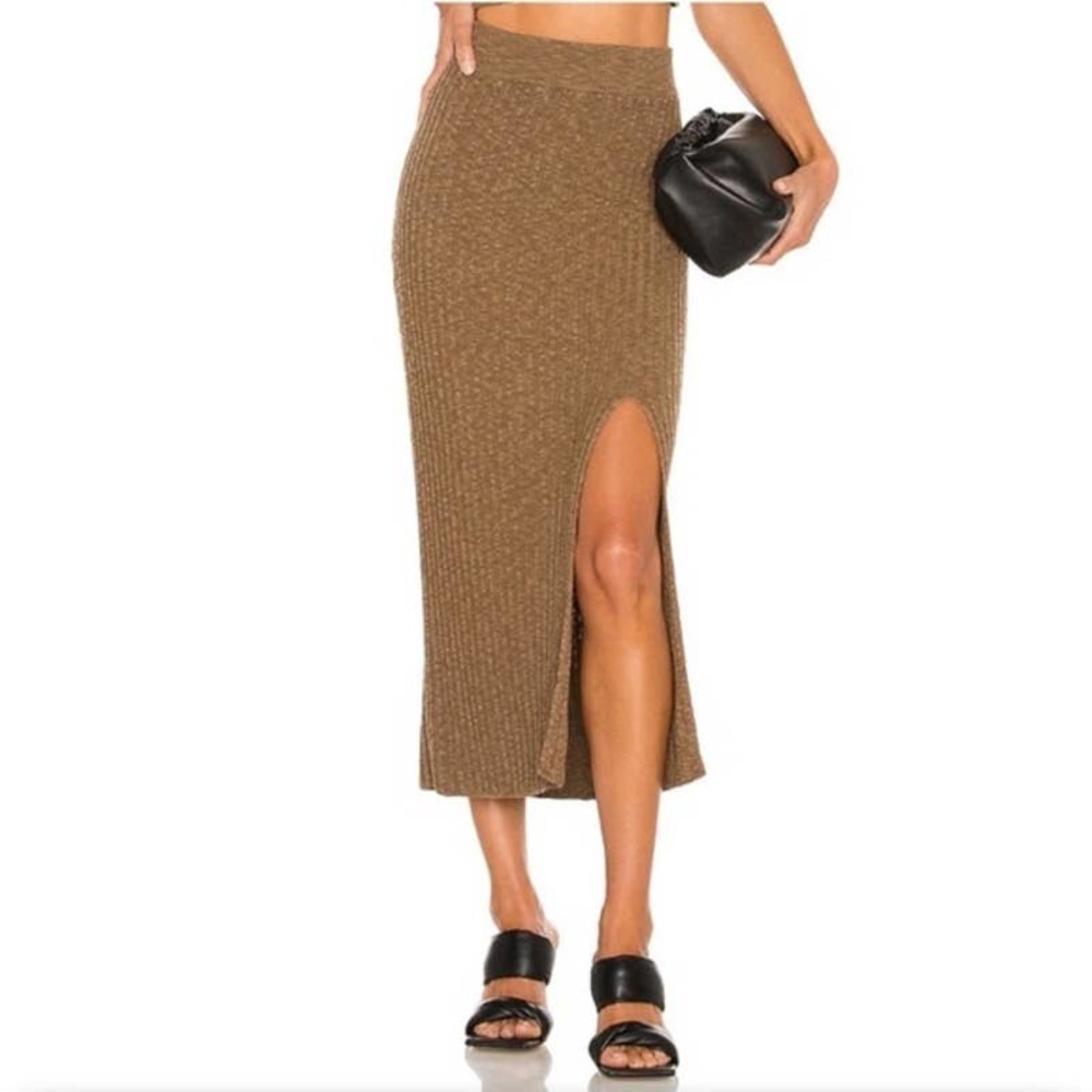 Saylor Side Slit High Waist Knit-Rib Midi Skirt Solid Brown Women's Size L